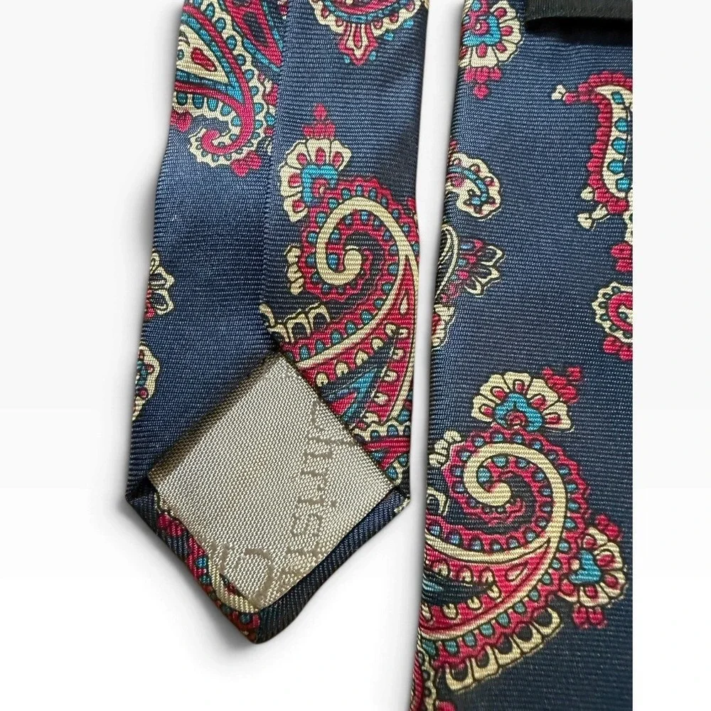 Christian Dior Mens Paisley Silk Tie Navy Blue Red Woven Italy Made USA 57 Inch